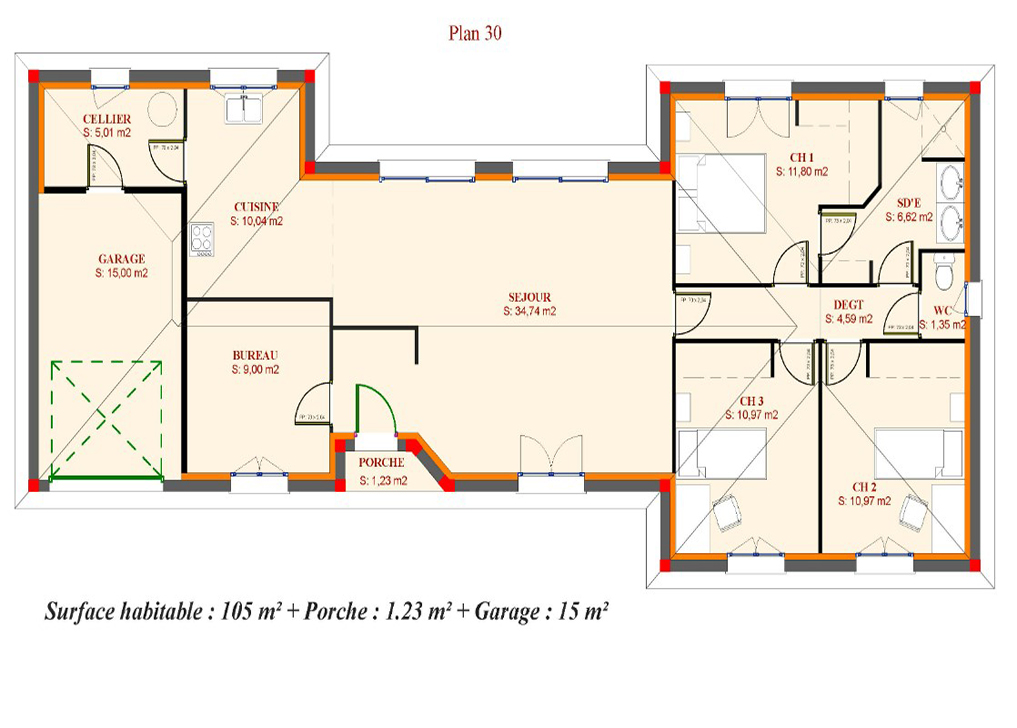 Projet de construction d'une maison de 105m2 avec 4 chambres